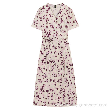 Fashion Chiffon Floral Printed Short Sleeve Warp Dress